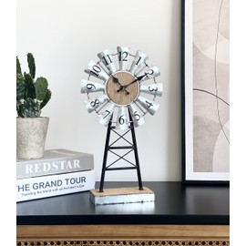 MODE HOME Farmhouse Windmill Desk Clock - 15.75 Inch Galvanized Metal Table Clock with Blades, Small Decorative Office Clock, Battery Operated Rustic Farmhouse Clock for Tabletop & Shelf Decor