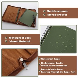 5 Pcs Weatherproof Side Spiral Notebook Kit Waterproof Notebook Fabric Cover 5.7" x 8.26" Green Notebook, and Weatherproof Pen for Outdoor Activities Recording