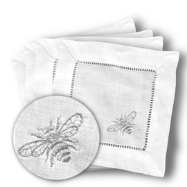Set of 4 Hemstitch Embroidered White and Beige Linen Cocktail Napkins (6x6 inches) (Bumblebee Silver)