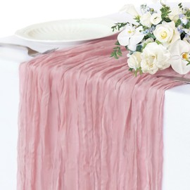 Pink Cheesecloth Table Runner, 10FT Dusty Pink Summer Boho Gauze Table Runner for Girl Baby in Bloom Baby Shower Bridal Shower Decorations Tea Party Table Centerpiece Decorations