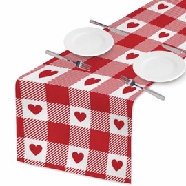 HOSNYE Table Runner Romantic Red Hearts Gingham Pattern,Cotton Linen Table Runner Decoration for Kitchen Family Dinner Table Holiday Party Farmhouse Style 13 x 72 Inch