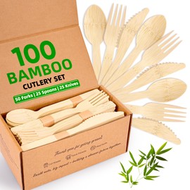 FEHHTO Disposable Bamboo Utensils Set, Compostable Cutlery, Eco-Friendly Disposable Silverware for Parties, Catering, Office Lunches – 100 PCS (50 Forks, 25 Spoons, 25 Knives)