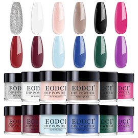 Eodci Nail Dip Powder Set, 12 Colors All Seasons Nude Red Blue White Glitter Silver Nail Art Starter Manicure Salon DIY at Home Nail Dipping Powder French No Needed Nail Lamp Cured
