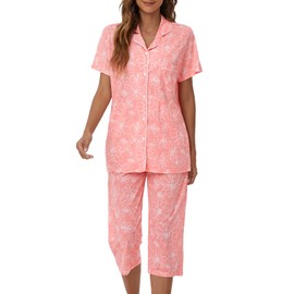 Tugege Capri Pajamas Set Womens Button Down Short Sleeve Lounge Sets Sleepwear Notch Collar Top & Capri 2 Piece PJ Sets, Pink Peony, Large