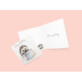 Watercolour Style Hedgehog Happy Birthday Greetings Card - Inside reads: Have a great day - Includes Deep Teal Coloured Envelope