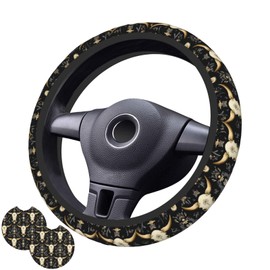 Bull Skull Steering Wheel Cover with 2 Car Coasters Non Slip Neoprene for Women Men Universal 15 Inch Stylish and Practical Set