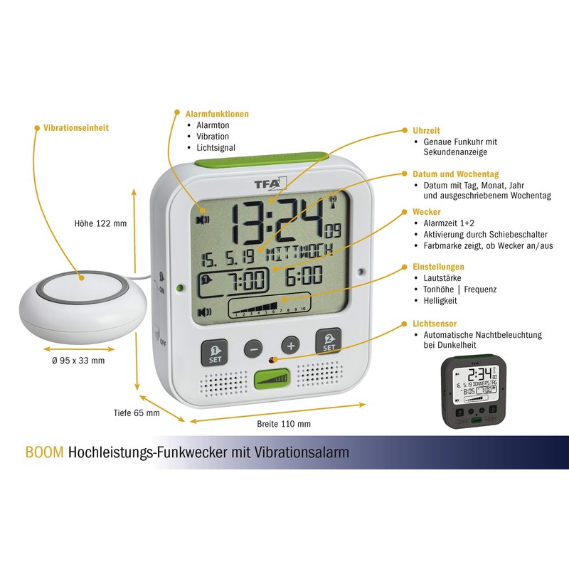TFA Dostmann 60.2538.02 Funkwecker Boom mit Vibrationsalarm (Weiss)