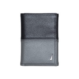 Nautica Men's Pebble Trifold Leather Wallet with 6 slots, RFID Protection, and ID Window, Black/Grey