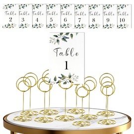 10 Pack Gold Table Number Holders with Floral Cards, 3.5” Place Card Holders for Table at Weddings, Events & Restaurants, Elegant Photo Holders for Centerpieces, Sturdy Stands with Spiral Clip Design