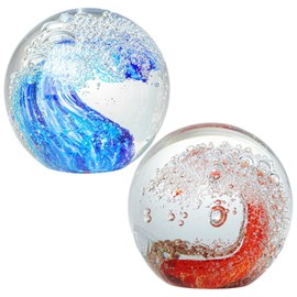 Hand Blown Glass Paperweights, Ocean Wave Decorative Balls, Glass Globes for Home Decor, Unique Collectible Crafts, Set of 2 in Lake Blue and Orange