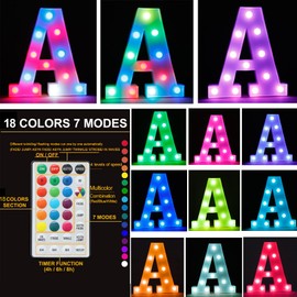 Light Up Colorful LED Marquee Letter lights, 18 Colors Changing Alphabet Letters Sign with Remote Timer for Night Light Girls Bedroom Wedding Birthday Party Lamp Christmas Home Bar Decor- Colorful T