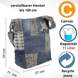 Sunsa Damen Blaue Umhängetasche. Große Canvas Schultertasche. Crossbody Bag aus recycelte Jeans. Nachhaltige Tasche. Damentasche als Geschenk