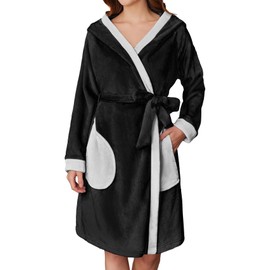 Ekouaer Women's Robes Knee Length Hooded Bathrobe Cute House Coats with Pockets Black Medium