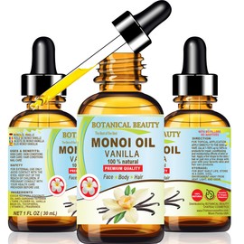 Botanical Beauty MONOI OIL VANILLA - Tiare flowers in Coconut Oil and Vanilla Bean Oil 100% Natural 1 Fl.oz - 30 ml Pure for FACE, SKIN, BODY, HAIR, NAILS