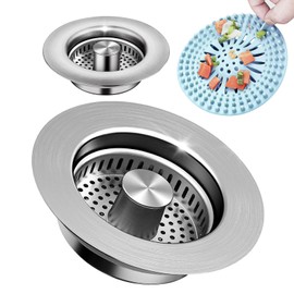 2 Pack – 3-in-1 Kitchen Sink Drain Strainer Stopper, 304 Stainless Steel Pop Up Sink Plug with Removable Filter Basket, Fits 3-1/2” US Standard Drain, Anti-Clog, Rustproof, Odor Blocker