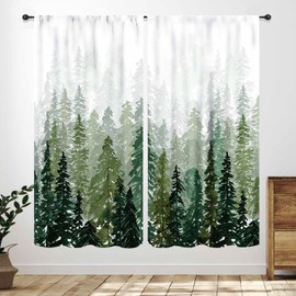 Forest Curtains,Watercolor Green Forest Pine Trees Natural Landscape Printed Drapes Treatments for Bedrooms Living Rooms Kitchens Cafe 2 Panel,42X63 Inch