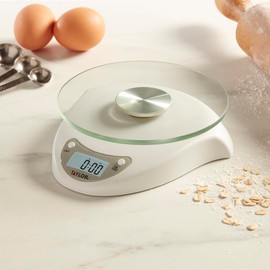 Taylor Digital Kitchen Scale with Glass Platform, Tare Button, and Plastic Body Weighs up to 11 Pounds Capacity, White