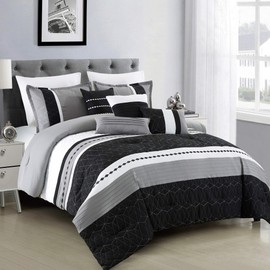 Sapphire Home Luxury 7 Piece Full/Queen Comforter Set with Shams Cushions, Modern Elegant Gray Black White Elegant Geometrically-Striped Modern Pattern, Bed Cover Bed in a Bag, (22057, Queen, Gray)