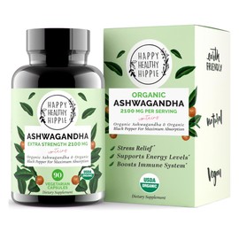 Happy Healthy Hippie Organic Ashwagandha Capsules 2100mg ?Stress Relief Supplement ?Extra Strength, 100% Herbal, Energy, Mood & Cortisol Manager, Includes Black Pepper for High Absorption ?Non-GMO, 90 Ct