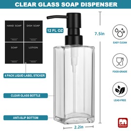GMISUN Glass Soap Dispenser with Stainless Steel Pump, Clear Hand Soap Dispenser for Bathroom, 12 fl oz/350ml Refillable Dish Dispenser for Kitchen, Modern Liquid Soap and Lotion Bottle for Countertop