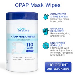 Vive CPAP Mask Wipes, 110 Count – Unscented, Alcohol‑Free, Lint‑Free BiPAP Sanitizing Travel Supplies Cleaner - Compatible w/Full Face, Nasal Masks, Resmed, Airsense, Papmd, Headgear, Tubes, Device