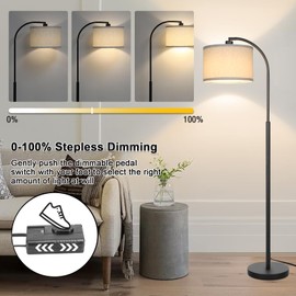 Boncoo Modern Floor Lamp for Living Room, Arc Floor Lamp with Adjustable Hanging Shade, Black Arched Light with Dimmable Pedal Switch for Bedroom Study Room Office, 9W 3000K LED Bulb Included