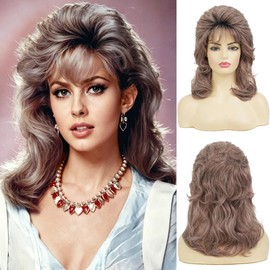 Brown Curly 80s Wigs for Women 1970s Mullet Wig with Bangs Shoulder Length Vintage Synthetic Fibre Hair Wig for Party Cosplay Costume Disco Rocker Halloween Use