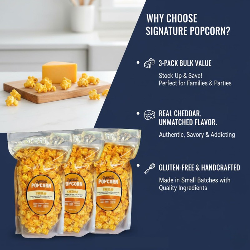 Signature Popcorn, Cheddar Cheese Popcorn Snack, 3-Pack Large Resealable Bags,
