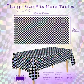 Cokiki 3 Pack Black and Iridescent Checkered Plastic Tablecloths Shiny Disposable Laser Rectangle Table Covers for Party Decoration Birthday Bridal Wedding Christmas 54" x 108"