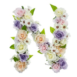 Flower Letters Artificial Floral A-Z Initial Alphabet Faux Floral Letters 13" Height Fake Flowers For Spring Wedding Funeral Baby Bridal Shower Nursery Art Photo Prop Shabby Chic Wall Decor(Shape N)