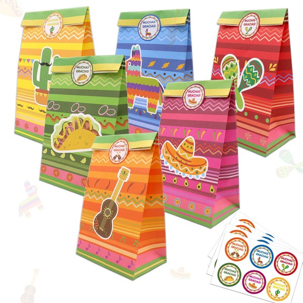 24 Pack Fiesta Goodie Candy Treat Bags Cinco De Mayo Birthday Mexican Themed Baby Shower Bachelorette Engagement Bridal Shower Gift Bags With Muchas Gracias Thank You Stickers