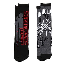 Hypnotic Hats Edward Scissorhands Silhouette with Logo & Hold Me I Can't Adult Crew Socks - Black/Grey (Size 6-12, Two Pairs)