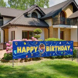 Zliisang Blue Light Birthday Party Outdoor Banner Decorations 9.8 x1.6 ft Golden Rings Yard Sign for Birthday Party Decor