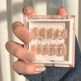 NKA Press on Nails Kit, 30 Premium Quality Reusable Acrylic Fake False Gel Short Oval Cateye Shimmer Nude Press on Nail -Dreamer