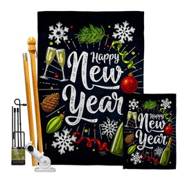 Winter New Year Garden House Flags Kit Clock Countdown Champagne Party Fireworks Celebrate Small Decorative Gift Yard Banner Made In USA 28 X 40