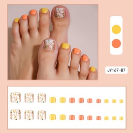 Yellow Press on Toenails Short Square Fake Toe Nails with Flower Green Leaf Design Glossy Orange Glue on Toenails Cute Summer False Toenails Spring Stick on Toenails for Women Girls Manicure 24Pcs
