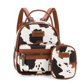 Wrangler Cow Print Mini Leather Backpack with Coin Pouch Cute Book Bag for Women Boho Daypack Perfect for Canadian Adventures LW-WG133-8600 BR