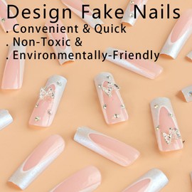 RUPOFUZA Long Press on Nails Square Laser French Tip Fake False Nails with Silver Butterfly charm Press ons Designs Acrylic Nail Press on Artificial Stick on Nail for Women 24Pcs