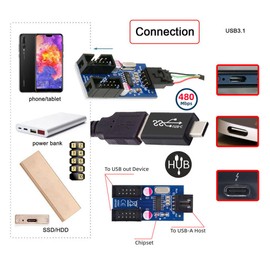 Xiwai USB 3.1 Front Panel Header Male USB-C Type C to USB 2.0 Type A Male 1 to 2 Female Motherboard 9 Pin 10 Pin HUB Adapter DC 5V Port Multiplier