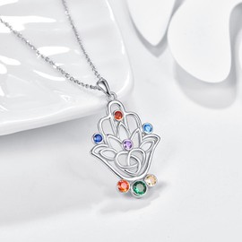 TANGPOET Hamsa Hand Necklace 925 Sterling Silver 7 Chakra Hand of Fatima Necklace Celtic Knot Pendant Jewellery Gifts for Women Girls Women, Sterling Silver
