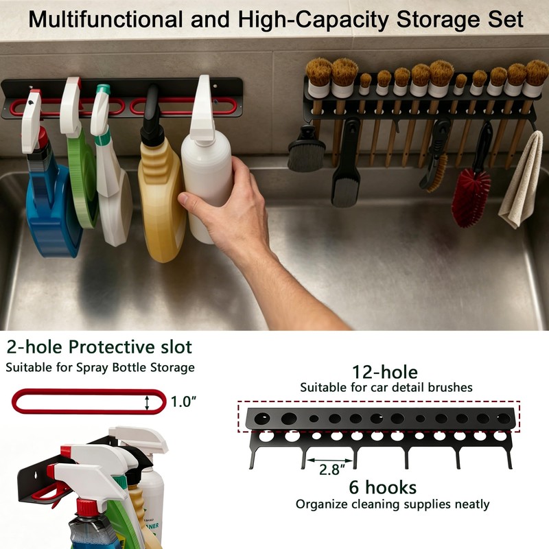 2 Pack Wall Mount Detail Brush & Spray Bottle Holder