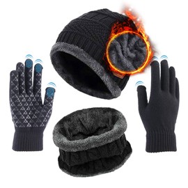 Aisprts Men Women Knitted Hat Scarf Gloves Set Winter Thermal Beanie Snood and Touchscreen Gloves Soft Fleece Lining Winter Hat for Men and Women