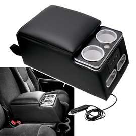 Frtcaty Black Universal Truck Seat/Bench Organizer with LED Light, USB Port, Cup Holders, Armrest, Padded Top Lid - Ideal for Business Upgrade Center Console Organizerand