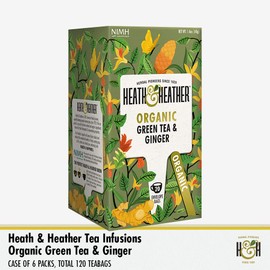 Heath & Heather Organic Green Tea & Ginger Teabags | Individually Wrapped Caffeine-Free Herbal Tea Infusions | 6 Packs of 20, Total 120 Tea Bags
