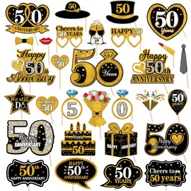 Kuxriox 30Pcs 50th Anniversary Photo Booth Props for Men Women, Black Gold 50th Anniversary Decorations, Happy 50th Wedding Anniversary Party Supplies, Cheers to 50 Years We Still Do Anniversary Sign