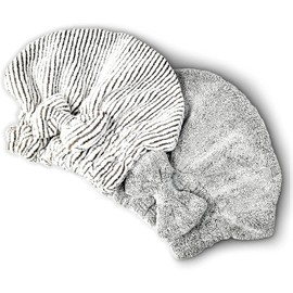 Toalla de Microfibra para Envolver el Cabello, Suave y Absorbente & Gorro de Secado Rápido, Conjunto para Cabello Rizado Grueso, Mujeres & Niñas - 2 Piezas (Rayado & Gris)