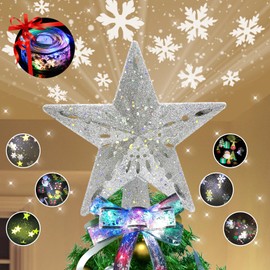 Christmas Tree Topper Star Lighted with 6 Projection Modes, LED Christmas Ribbon Lights with Built-in Rotating LED Dynamic Projector, 3D Glitter Hollow Star Tree Topper Starry Night Light, Silver
