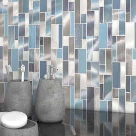 MOFIT Metallic Backsplash Tile for Kitchen Peel and Stick Subway,Metal Backsplash for Stove Fireplace Heat Resistant Brick Self-Adhesive Wall Tiles(5sheets,Blue