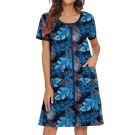 Ekouaer Women Zipper Front House Coat Short Sleeves Robe Zip Up Bathrobes Short Nightgown with Pockets S-3XL