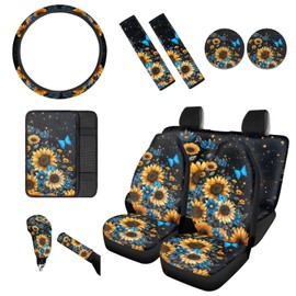 BIGCARJOB Sunflower Car Seat Cover Full Set of 12 Pcs Blue Butterfly Car Interior Accessories Set with Armrest Cover,Cup Holder,Steering Wheel Covers,Seat Belt Pads
